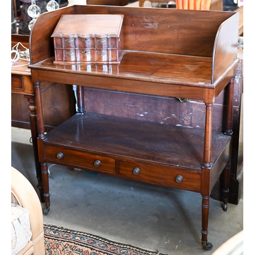 148 - A 19th century mahogany twin-tier buffet with two drawers, on turned supports and casters, 90 x 45 x... 