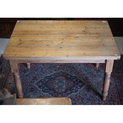 150 - A pine rectangular kitchen dining table with end drawer and turned legs, 120 x 80 x 73 cm