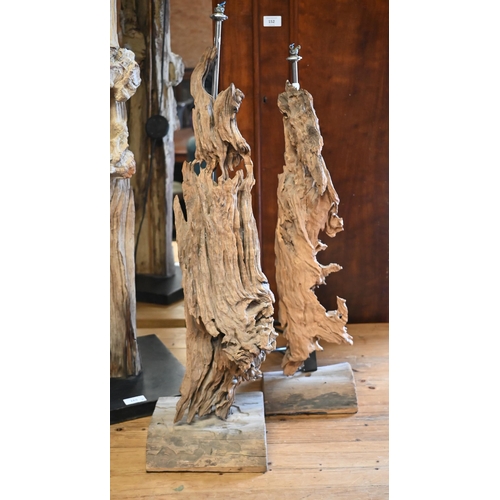 165 - A driftwood standard lamp 150 cm high to/w pair of similar table lamps, 65 cm and two blue ceramic t... 