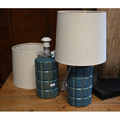 165 - A driftwood standard lamp 150 cm high to/w pair of similar table lamps, 65 cm and two blue ceramic t... 