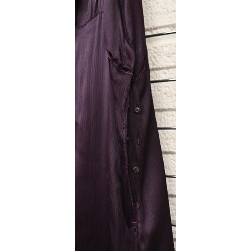 177 - A vintage long evening gown in deep purple with velvet off-the shoulder ruffle and bias-cut skirt, a... 