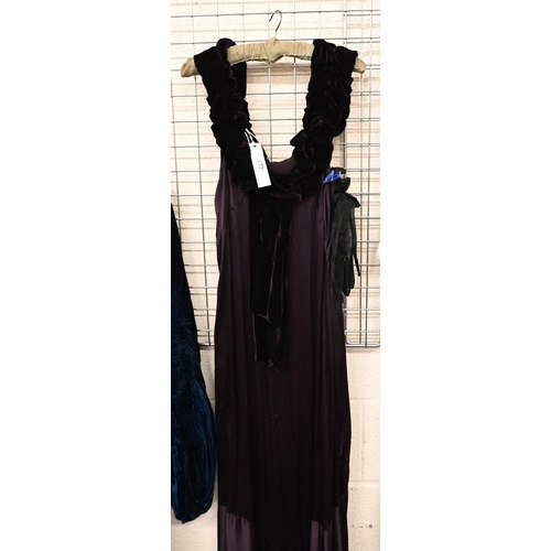 177 - A vintage long evening gown in deep purple with velvet off-the shoulder ruffle and bias-cut skirt, a... 