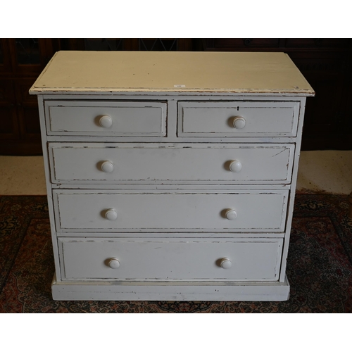 189 - An antique distress-painted off-white chest of two sort and three long drawers, 98 x 50 x 90 cm