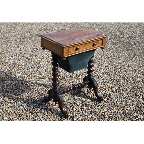 190 - A Victorian walnut sewing table on barleytwist base with carved legs, 55 x 40 x 76 cm high