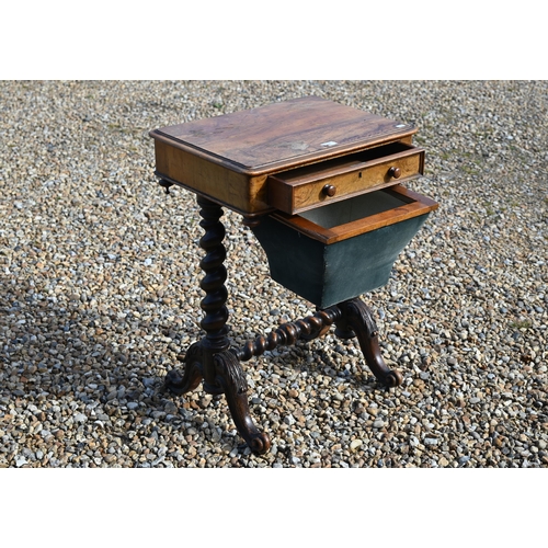 190 - A Victorian walnut sewing table on barleytwist base with carved legs, 55 x 40 x 76 cm high