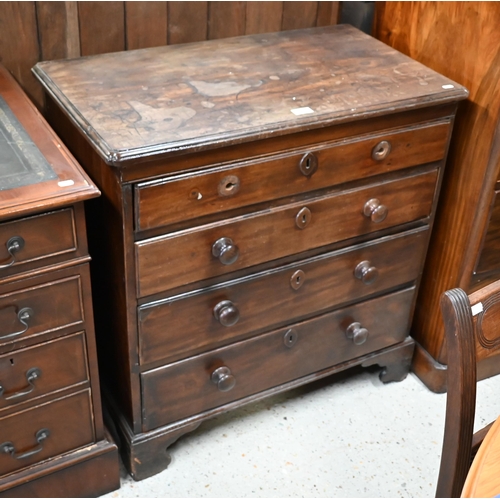 198 - # A small antique mahogany chest of four long graduating drawers on bracket feet, missing handles, 8... 