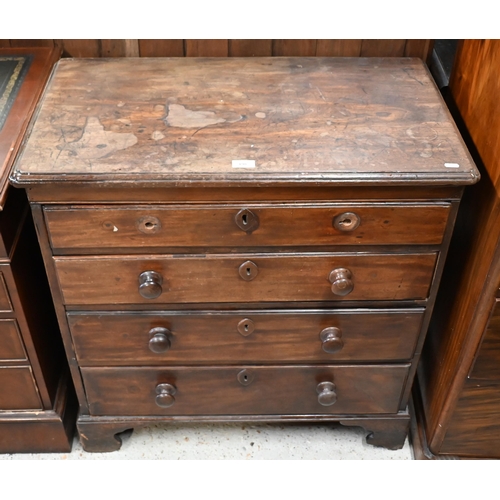 198 - # A small antique mahogany chest of four long graduating drawers on bracket feet, missing handles, 8... 