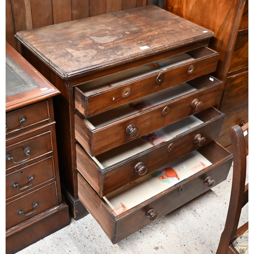 198 - # A small antique mahogany chest of four long graduating drawers on bracket feet, missing handles, 8... 