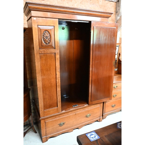 204 - An Edwardian Golden Oak wardrobe with mirrored door over single drawer, 130 x 55 x 205 cm