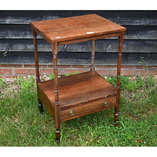 208 - A small Victorian two-tier rosewood what-not with turned supports and single drawer, 46 x 38 x 72 cm