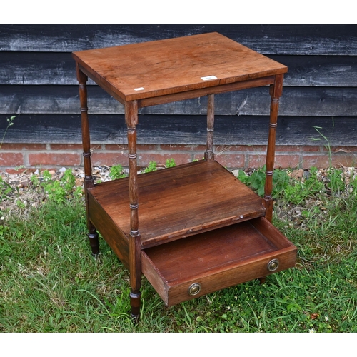 208 - A small Victorian two-tier rosewood what-not with turned supports and single drawer, 46 x 38 x 72 cm