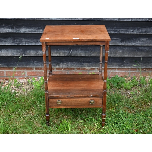 208 - A small Victorian two-tier rosewood what-not with turned supports and single drawer, 46 x 38 x 72 cm