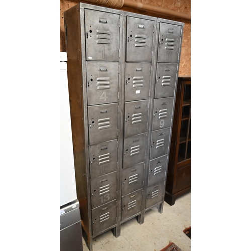 217 - 'Denco Products Inc', burnished steel 18 compartment school locker unit, 92 x 30 x 200 cm high