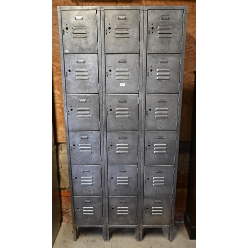 217 - 'Denco Products Inc', burnished steel 18 compartment school locker unit, 92 x 30 x 200 cm high