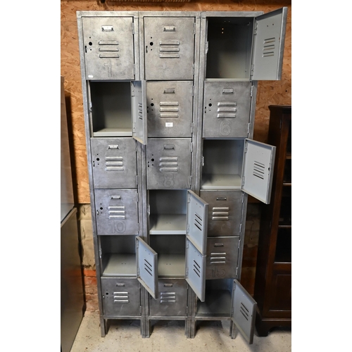 217 - 'Denco Products Inc', burnished steel 18 compartment school locker unit, 92 x 30 x 200 cm high