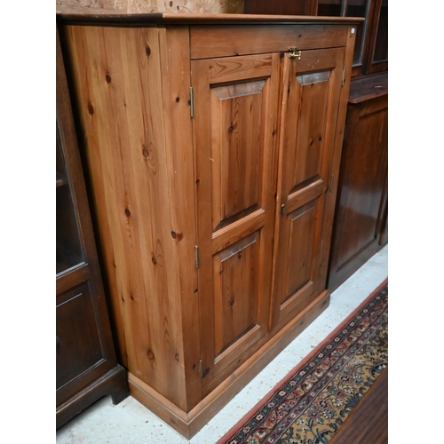 219 - A stained pine children's wardrobe with panelled doors enclosing hanging rail, 92 x 55 x 120 cm high