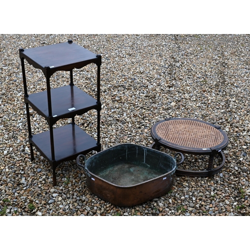 223 - A Victorian copper turbot kettle to/w three tier rosewood display stand and caned oval stool on turn... 