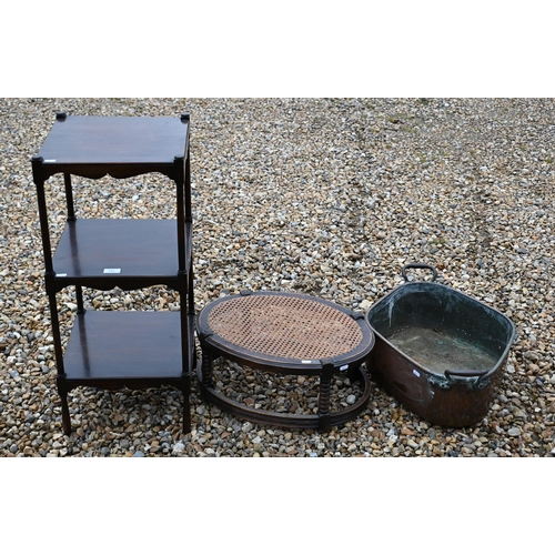 223 - A Victorian copper turbot kettle to/w three tier rosewood display stand and caned oval stool on turn... 