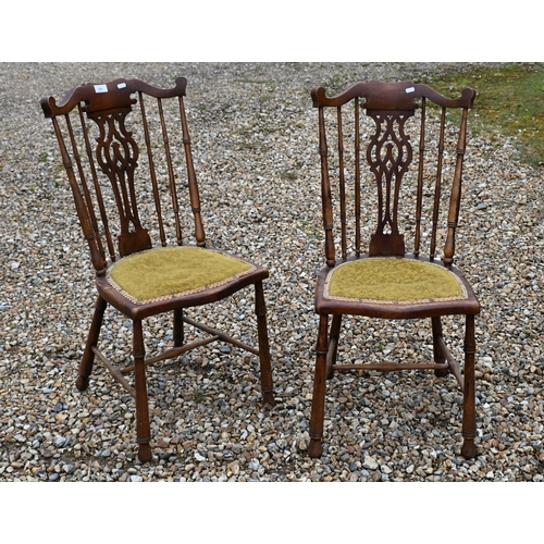 226 - A set of six antique spindle back dining chairs with green fabric seats (6)