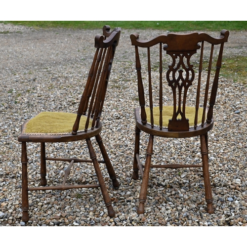 226 - A set of six antique spindle back dining chairs with green fabric seats (6)