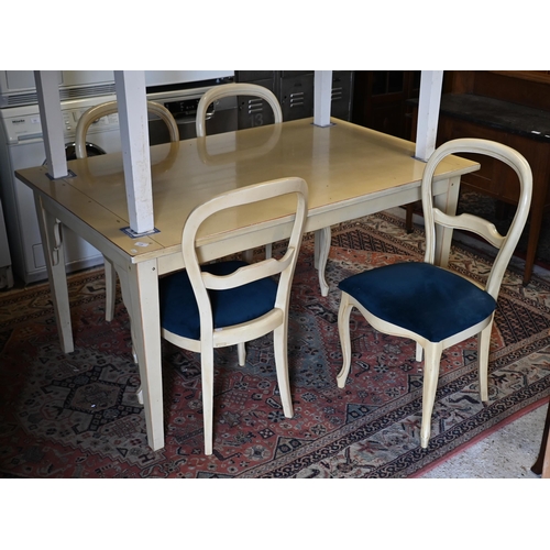 228 - 'Grange' - French off-white painted dining table and four chairs, 150 x 95 x 76 cm high, the table w... 