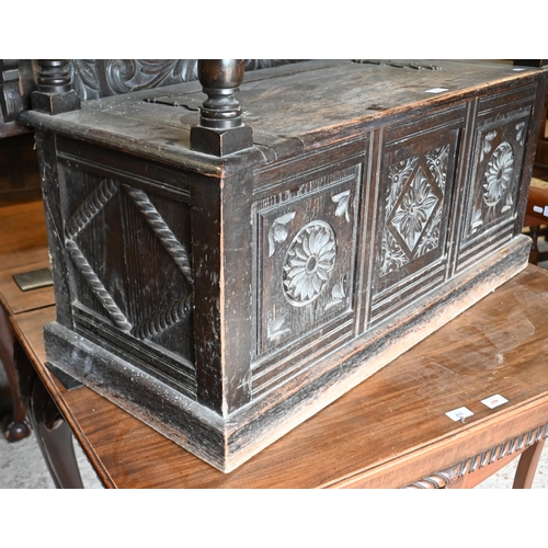 232 - An early 20th century carved oak monk's bench, box seat with 'Cavendish House, Cheltenham' plaque to... 