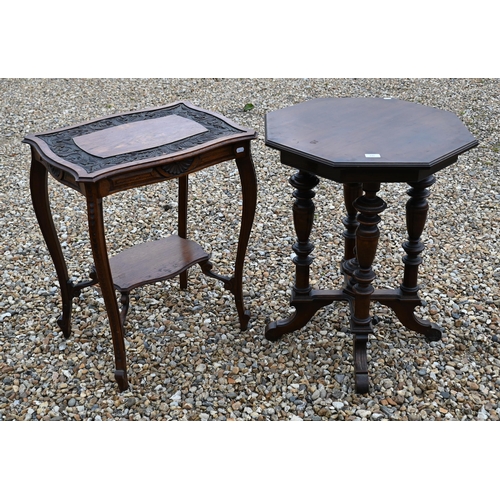 240 - # A carved oak two tier side table on shaped supports, 60 x 45 x 72 cm to/w an octagonal side table,... 