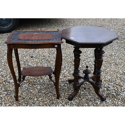 240 - # A carved oak two tier side table on shaped supports, 60 x 45 x 72 cm to/w an octagonal side table,... 