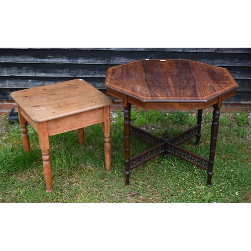 241 - # An Edwardian rosewood inlaid octagonal table on turned supports united by fret-cut cross stretcher... 