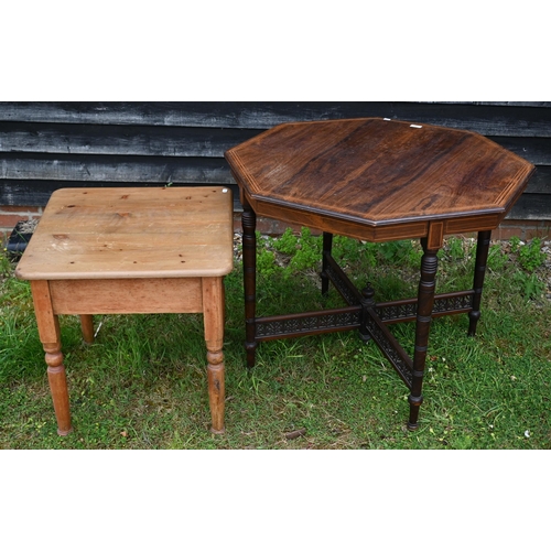 241 - # An Edwardian rosewood inlaid octagonal table on turned supports united by fret-cut cross stretcher... 