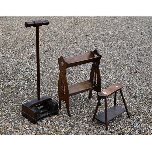 245 - A mahogany and iron bootscrape to/w shoeshiner's foot rest and an Arts & Crafts twin-tier book t... 