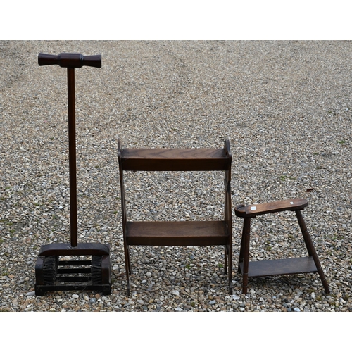 245 - A mahogany and iron bootscrape to/w shoeshiner's foot rest and an Arts & Crafts twin-tier book t... 