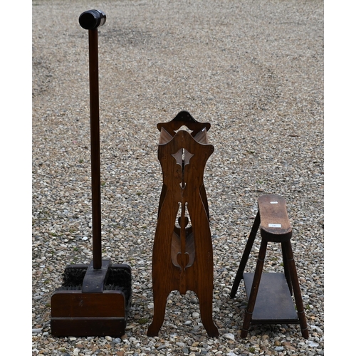 245 - A mahogany and iron bootscrape to/w shoeshiner's foot rest and an Arts & Crafts twin-tier book t... 