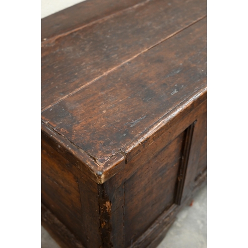 265 - An 18th century Italian fruitwood cassonne, or coffer, 187 cm x 59 cm x 57 cm h, evidence of old wor... 