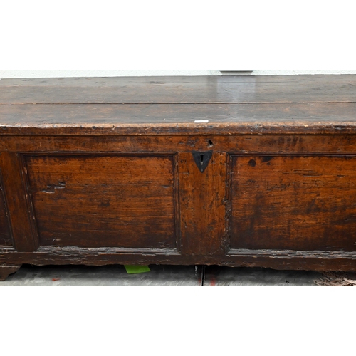 265 - An 18th century Italian fruitwood cassonne, or coffer, 187 cm x 59 cm x 57 cm h, evidence of old wor... 