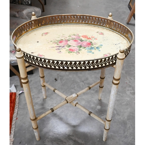 274 - A hand painted oval tray top table on a folding faux bamboo stand, 57 cm x 45 cm x 65 cm h, a/f