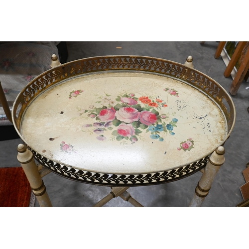 274 - A hand painted oval tray top table on a folding faux bamboo stand, 57 cm x 45 cm x 65 cm h, a/f