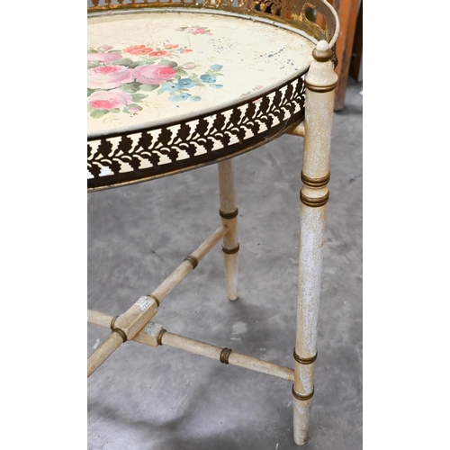 274 - A hand painted oval tray top table on a folding faux bamboo stand, 57 cm x 45 cm x 65 cm h, a/f