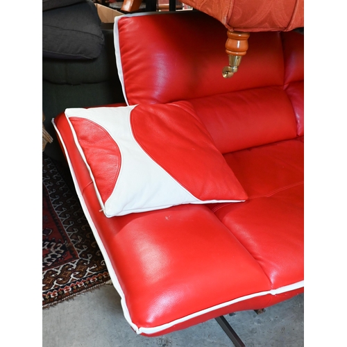 280 - Nicoletti Salotti, a Post-Modern Italian design red and white leather sofa, with two scatter cushion... 