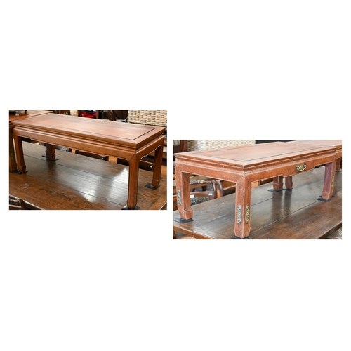 281 - Two traditional Chinese elm hardwood low/coffee tables, one with a frieze drawer, 102 cm x 51 cm x 4... 