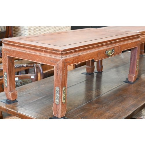 281 - Two traditional Chinese elm hardwood low/coffee tables, one with a frieze drawer, 102 cm x 51 cm x 4... 