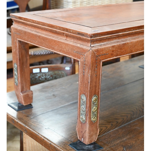 281 - Two traditional Chinese elm hardwood low/coffee tables, one with a frieze drawer, 102 cm x 51 cm x 4... 