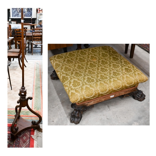 287 - A 19th century carved paw foot foot stool with overstuffed fabric top, 49 cm x 49 cm x 16 cm h to/wi... 