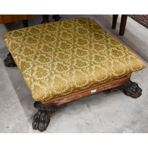 287 - A 19th century carved paw foot foot stool with overstuffed fabric top, 49 cm x 49 cm x 16 cm h to/wi... 