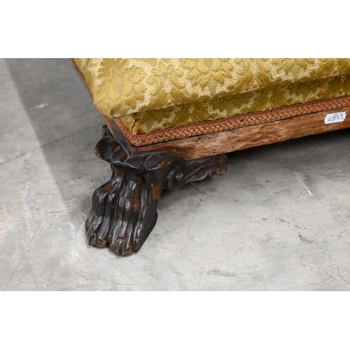 287 - A 19th century carved paw foot foot stool with overstuffed fabric top, 49 cm x 49 cm x 16 cm h to/wi... 