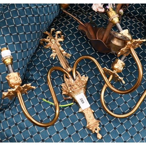 289 - # A pair of gilt brass twin arm wall sconces to/w a triple arm hanging candelabra, all a/f (3)