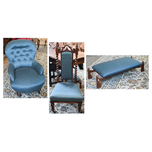 292 - A Victorian pre-dieu chair to/with a kneeling stool and a button-back nursing chair, upholstered in ... 