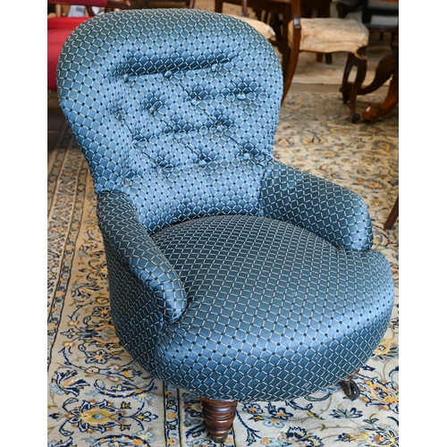 292 - A Victorian pre-dieu chair to/with a kneeling stool and a button-back nursing chair, upholstered in ... 