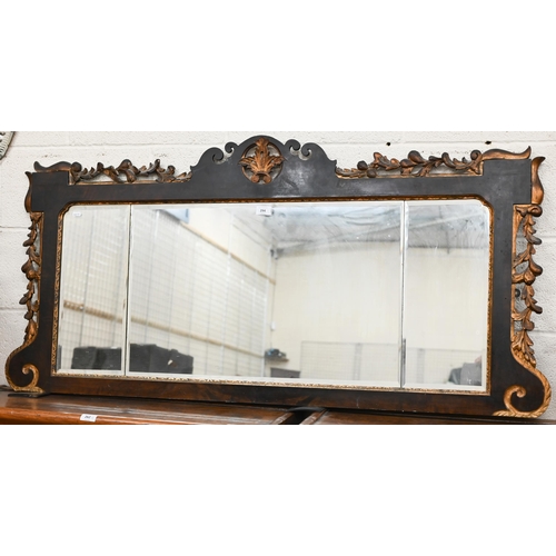 294 - A Regency gilt and ebonised triple bevelled plate over-mantel mirror, 140 cm x 67 cm a/f