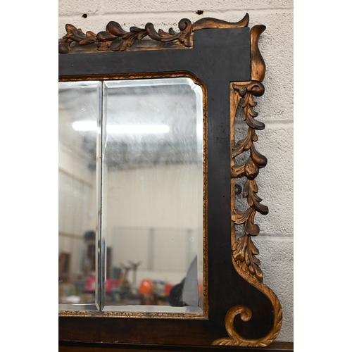 294 - A Regency gilt and ebonised triple bevelled plate over-mantel mirror, 140 cm x 67 cm a/f